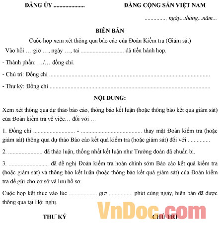 Mẫu biên bản cuộc họp xem xét thông qua báo cáo của đoàn kiểm tra