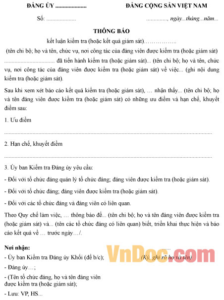 Mẫu thông báo kết luận giám sát