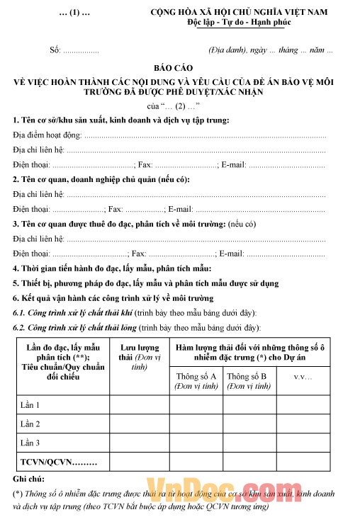 Mẫu bản báo cáo hoàn thành các nội dung của Đề án bảo vệ môi trường