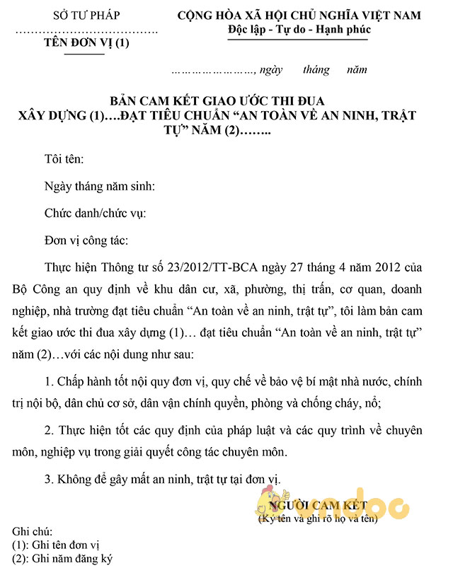 Bản cam kết an toàn về an ninh trật tự