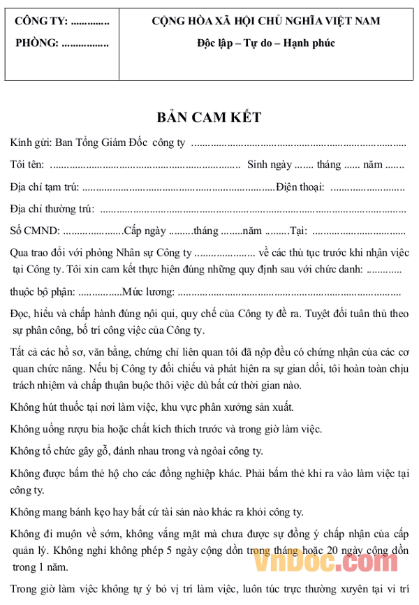 Bản cam kết chấp hành nội quy công ty