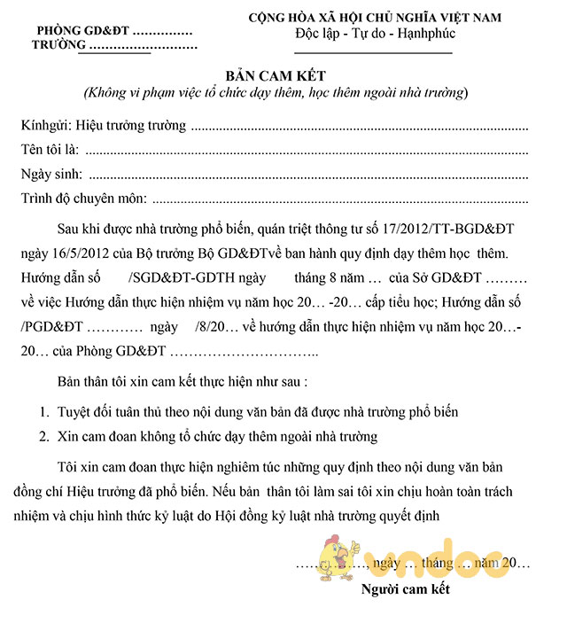 Bản cam kết không dạy thêm, học thêm