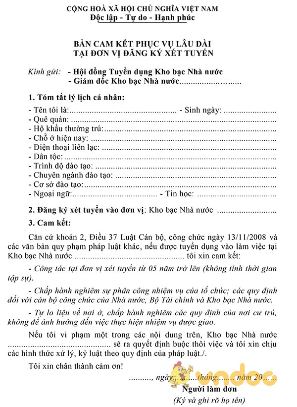 Bản cam kết phục vụ lâu dài tại đơn vị đăng ký xét tuyển