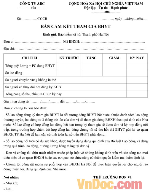 Mẫu bản cam kết tham gia Bảo hiểm y tế