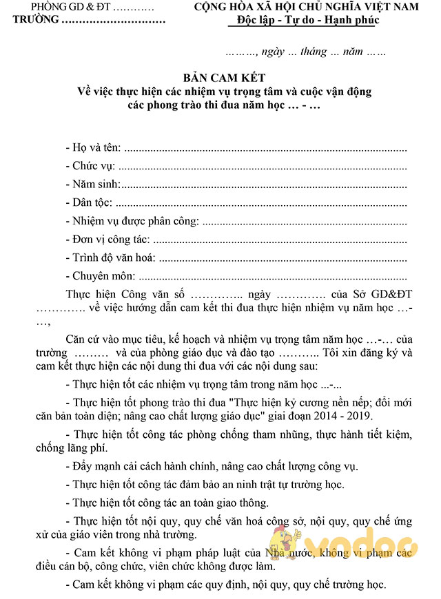 Bản cam kết thực hiện nhiệm vụ năm học và các phong trào thi đua 2017-2018