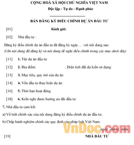 Mẫu bản đăng ký điều chỉnh dự án đầu tư