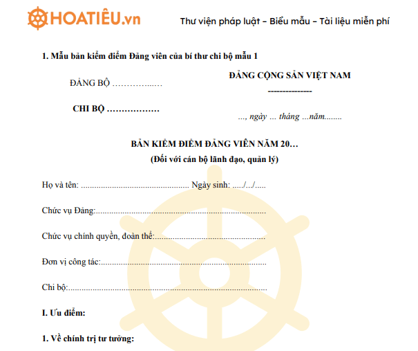 Mẫu bản kiểm điểm Đảng viên của bí thư chi bộ