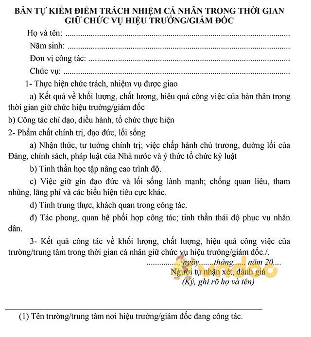 Bản kiểm điểm trách nhiệm cá nhân trong thời gian giữ chức vụ hiệu trưởng, giám đốc