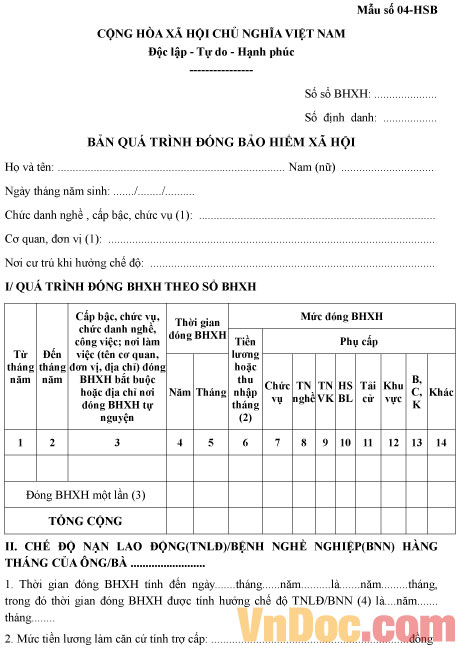 Bản quá trình đóng bảo hiểm xã hội