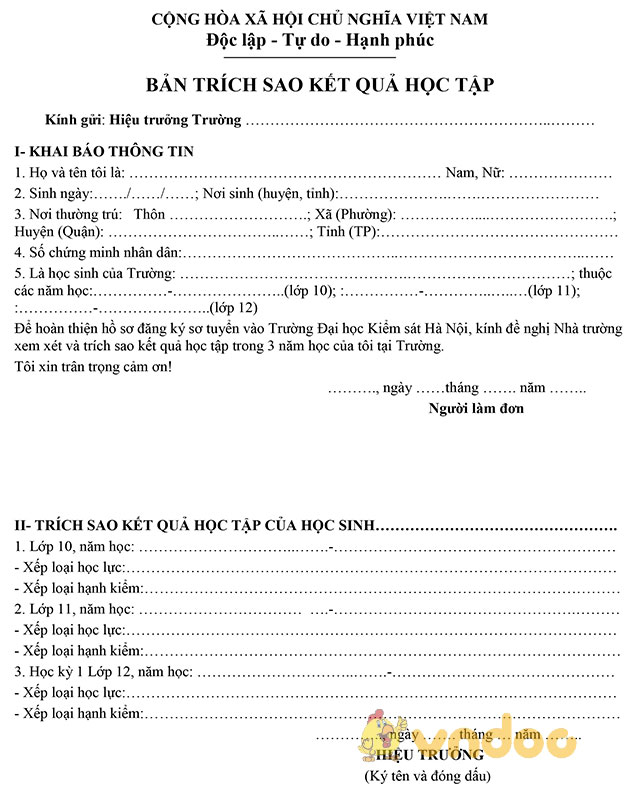 Bản trích sao kết quả học tập