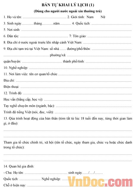 Mẫu bản tự khai lý lịch