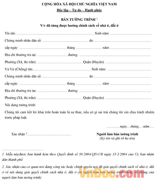 Mẫu bản tường trình đã được hưởng chính sách về nhà ở, đất ở