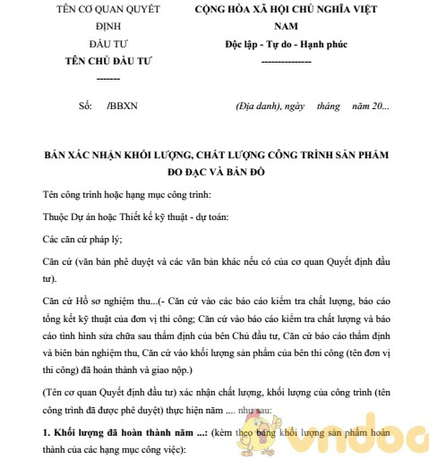 Bản xác nhận khối lượng chất lượng công trình, sản phẩm đo đạc và bản đồ