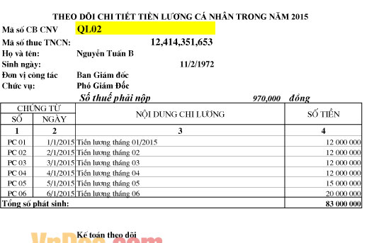 Bảng tính thuế thu nhập cá nhân phục vụ quyết toán thuế