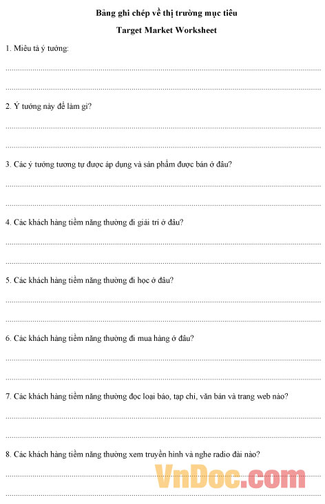 Bảng ghi chép về thị trường mục tiêu