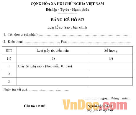 Mẫu bảng kê hồ sơ