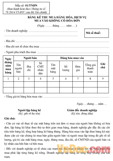 Mẫu số 01/TNDN: Bảng kê thu mua hàng hóa, dịch vụ mua vào không có hóa đơn