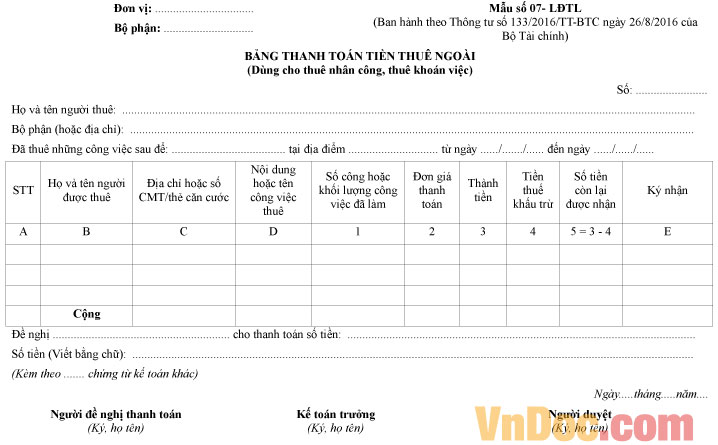 Bảng thanh toán tiền thuê ngoài - Mẫu số 07 - LĐTL