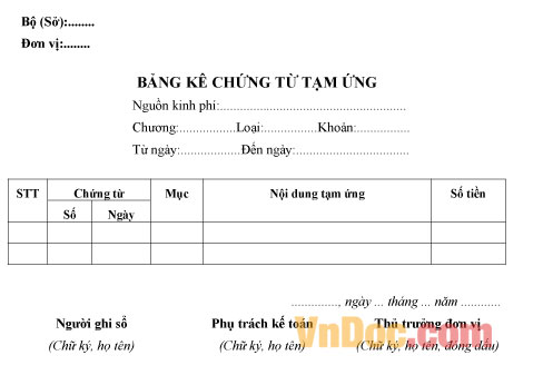 Bảng kê chứng từ tạm ứng