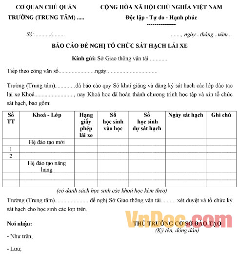 Mẫu báo cáo đề nghị tổ chức sát hạch lái xe