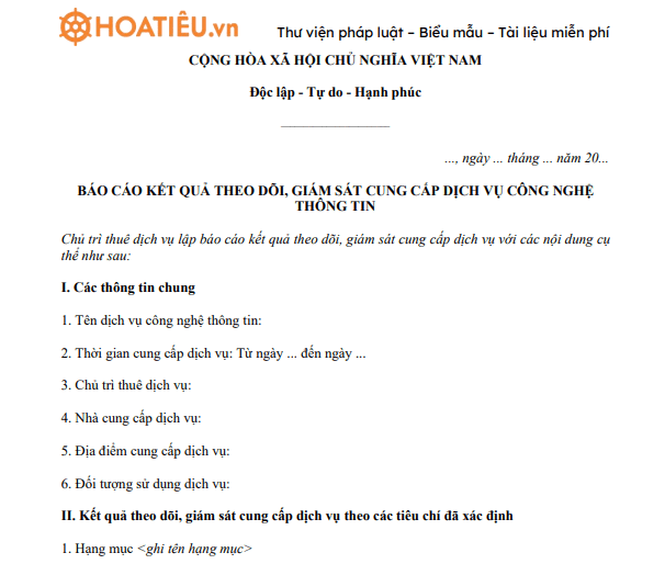 Báo cáo kết quả theo dõi, giám sát cung cấp dịch vụ công nghệ thông tin
