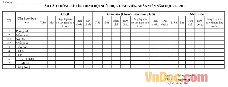 Mẫu báo cáo thống kê tình hình đội ngũ CBQL