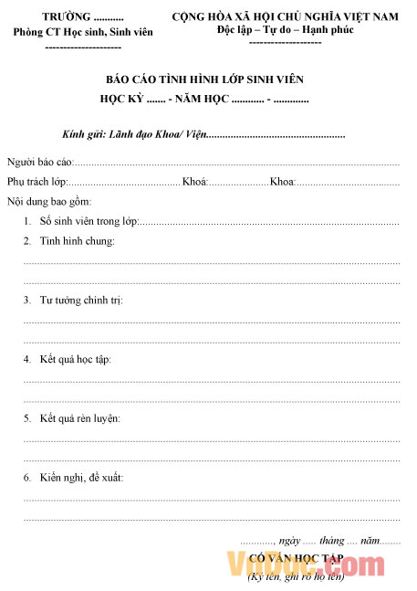 Mẫu Báo cáo tình hình lớp sinh viên