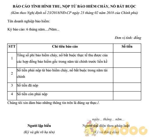 Báo cáo tình hình thu, nộp từ bảo hiểm cháy nổ bắt buộc