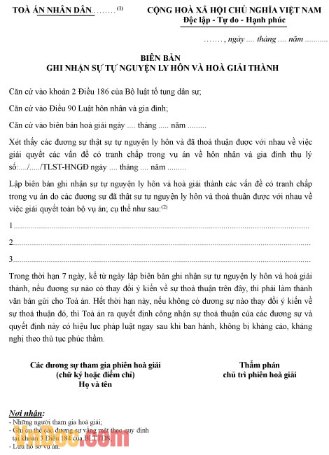 Biên bản ghi nhận tự nguyện ly hôn và hòa giải thành