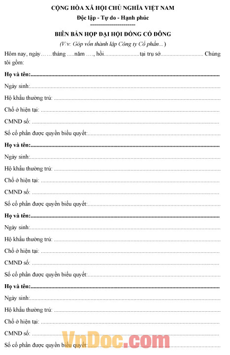 Mẫu biên bản góp vốn công ty cổ phần