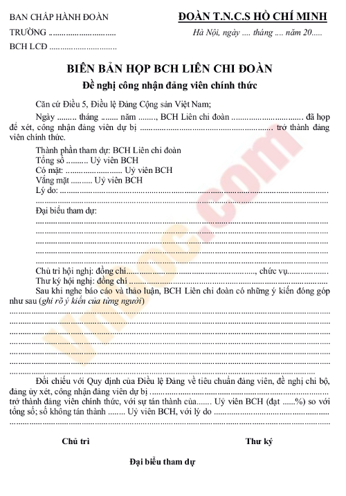 Biên bản họp ban chấp hành liên chi đoàn đề nghị công nhận đảng viên chính thức