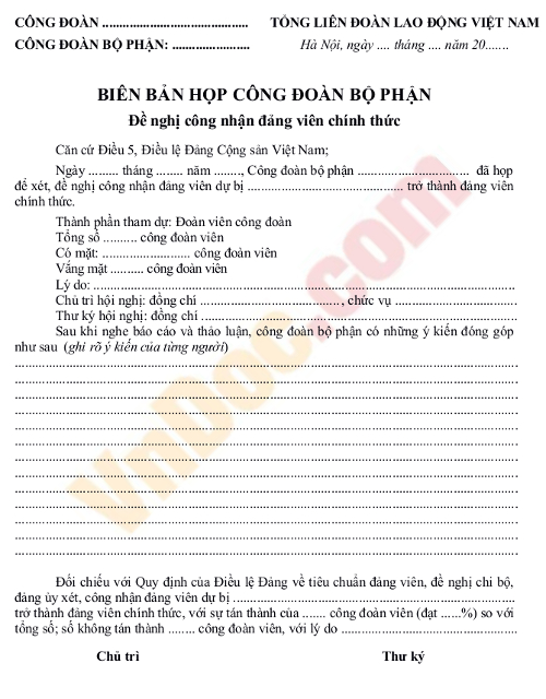 Biên bản họp công đoàn bộ phận đề nghị công nhận đảng viên chính thức