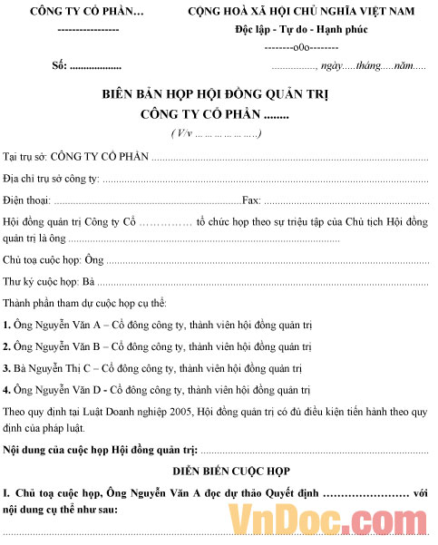 Mẫu biên bản họp hội đồng quản trị