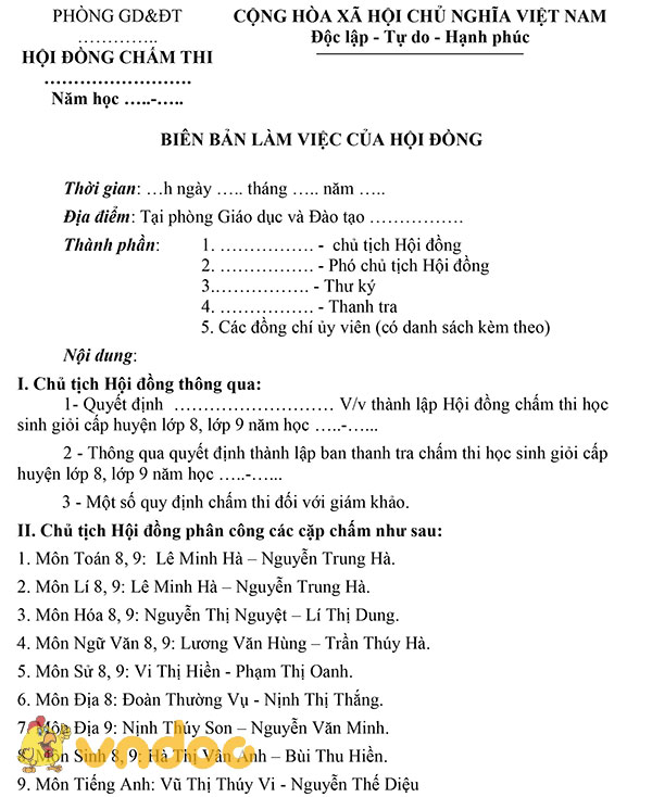 Biên bản làm việc của hội đồng chấm thi Học sinh giỏi