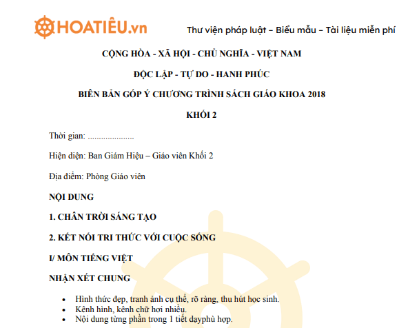 Biên bản lựa chọn sách giáo khoa lớp 2 mới