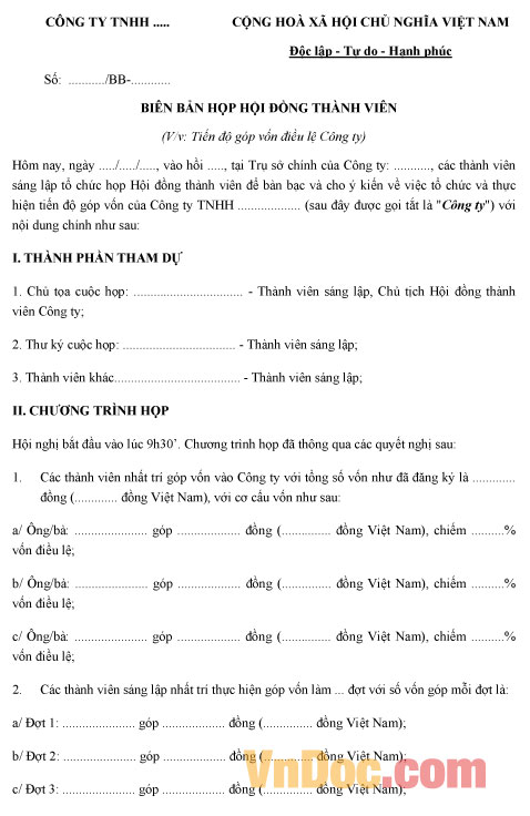 Mẫu biên bản thỏa thuận tiến độ góp vốn điều lệ