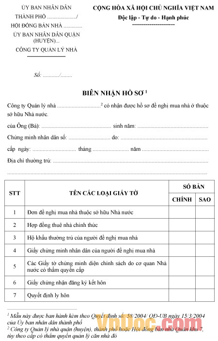 Mẫu biên nhận hồ sơ