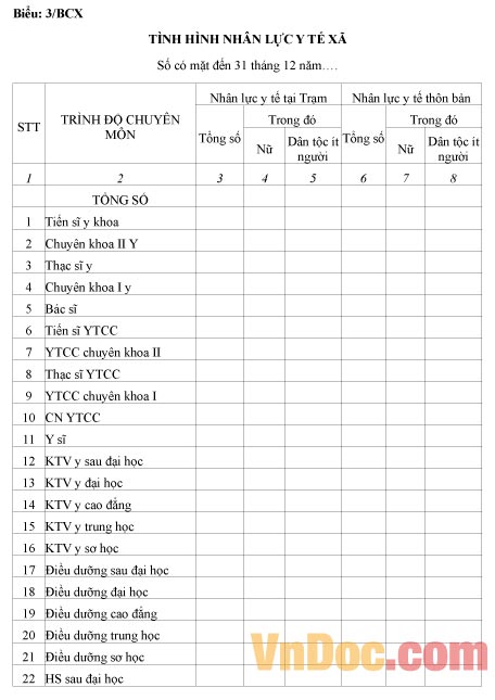 Mẫu tình hình nhân lực y tế xã