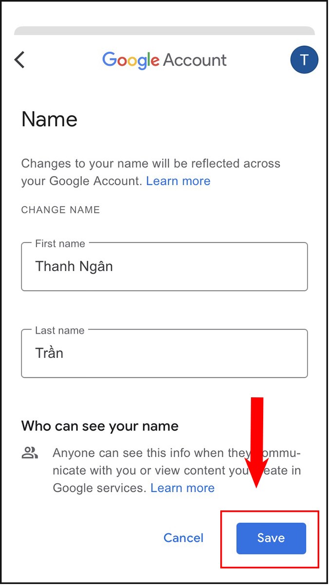 Đổi tên trong ứng dụng Google Meet điện thoại