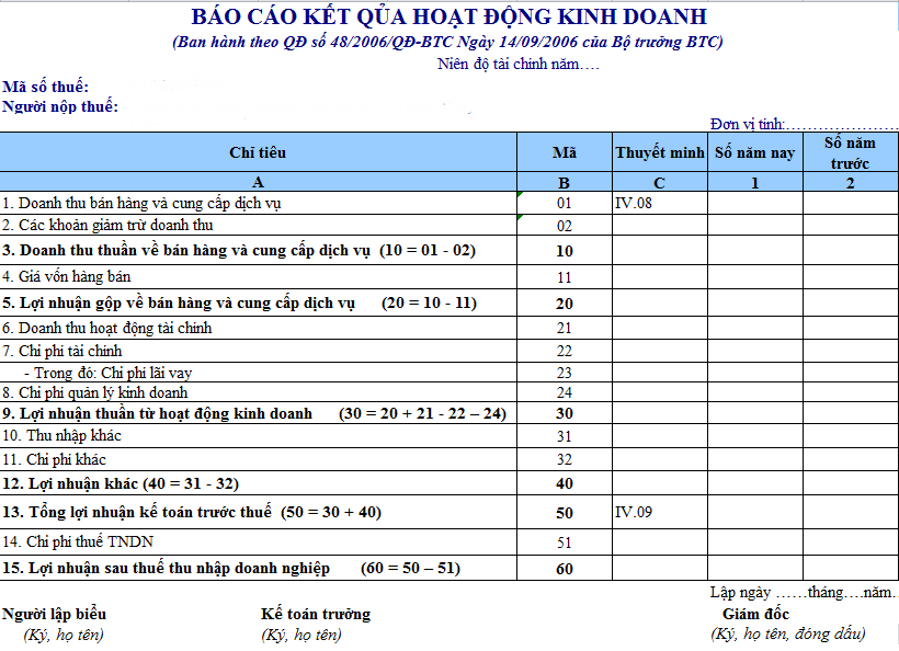 Cách lập bảng báo cáo kết quả hoạt động kinh doanh theo mẫu B02-DNN