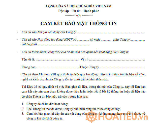 Mẫu cam kết bảo mật thông tin