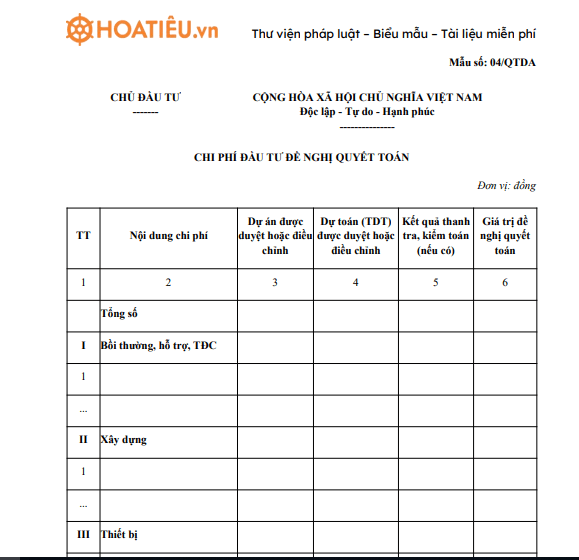 Mẫu số 04/QTDA: Chi phí đầu tư đề nghị quyết toán