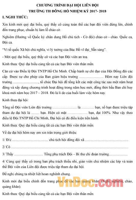Mẫu kịch bản chương trình đại hội liên đội năm học 2017-2018