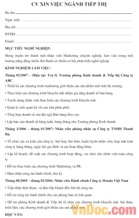 CV XIN VIỆC NGÀNH TIẾP THỊ