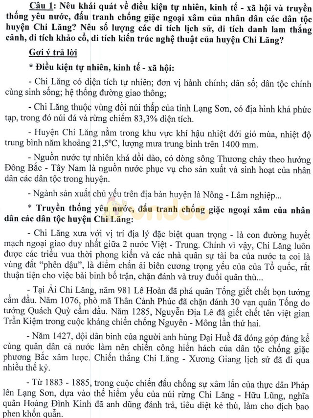 Đề cương gợi ý trả lời câu hỏi cuộc thi “Tìm hiểu lịch sử truyền thống huyện Chi Lăng"