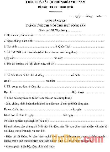 Mẫu đơn đăng ký cấp chứng chỉ môi giới bất động sản