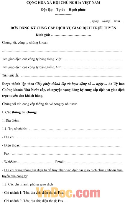 Mẫu đơn đăng ký cung cấp dịch vụ giao dịch trực tuyến