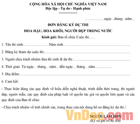 Mẫu đơn đăng ký dự thi Hoa hậu, Hoa khôi, Người đẹp trong nước