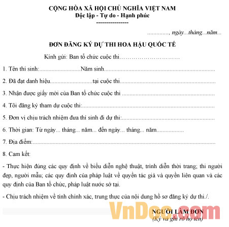 Mẫu đơn đăng ký dự thi Hoa hậu quốc tế