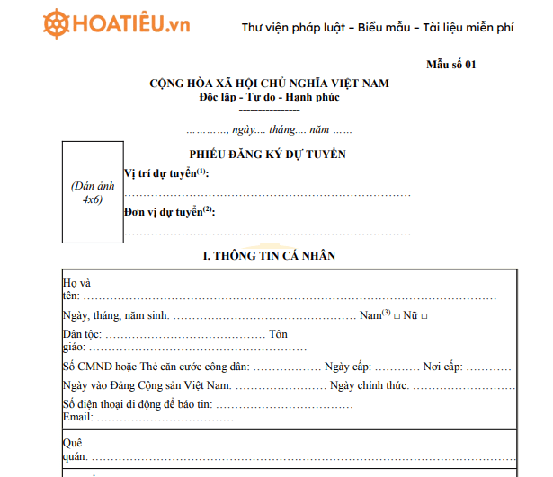 Phiếu đăng ký dự tuyển công chức